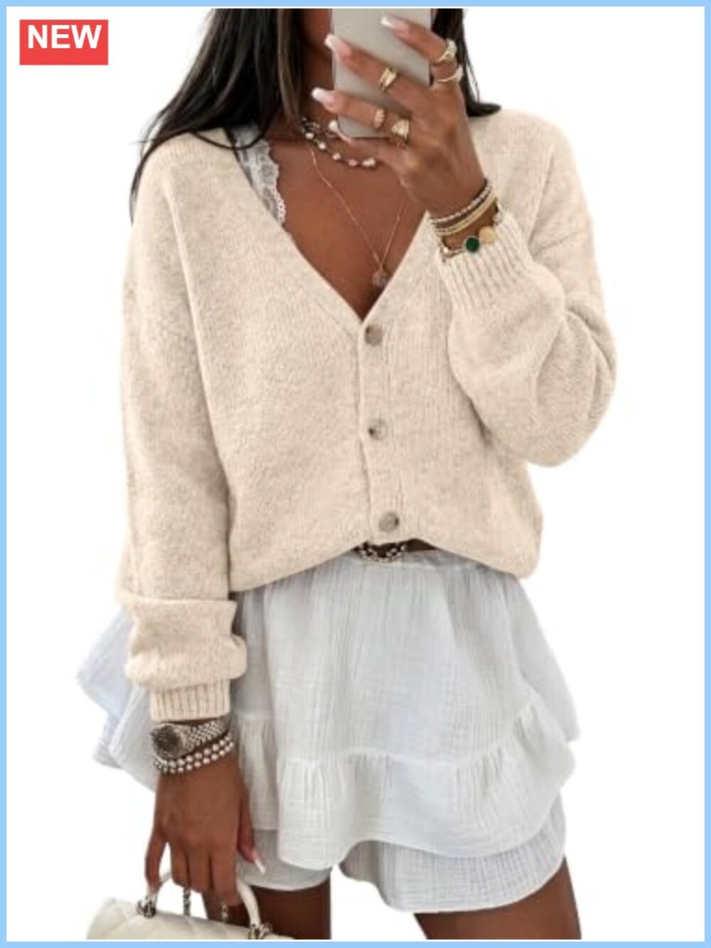 Oversized Button-Up V-Neck Cardigan Women Heavyweight Knit Long Sleeve